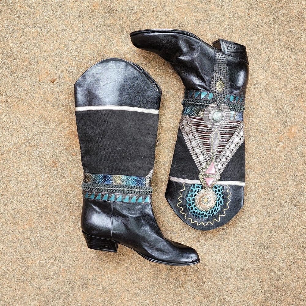 Serena d'Italia Black Leather Womens Boots Embellished Metallic Art Deco 37 6.5